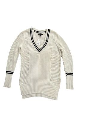 Banana Republic Varsity Tennis Sweater White Cream V Neck Knit Preppy Size S NWT